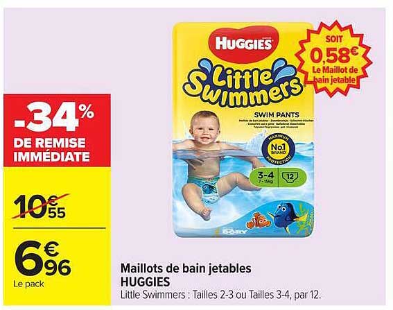 Maillots de bain jetables HUGGIES Little Swimmers : Tailles 2-3 ou Tailles 3-4, par 12.