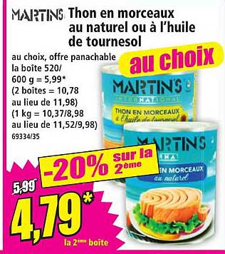 MARTIN’S Thon en morceaux au naturel ou à l’huile de tournesol