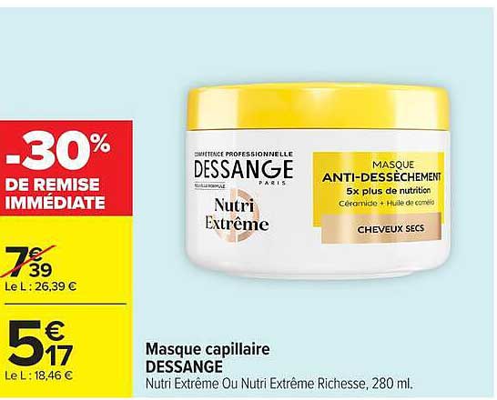 Masque capillaire DESSANGE Nutri Extrême Ou Nutri Extrême Richesse, 280 ml.