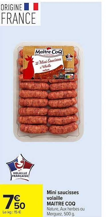 Mini saucisses volaille MAITRE COQ Nature, Aux herbes ou Merguez, 500 g.