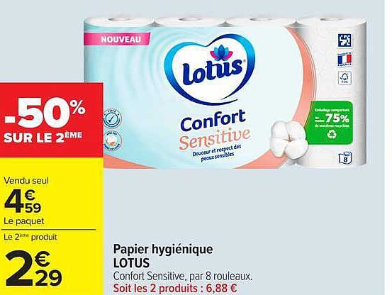 Papier hygiénique LOTUS Confort Sensitive, par 8 rouleaux. Soit les 2 produits : 6,88 €