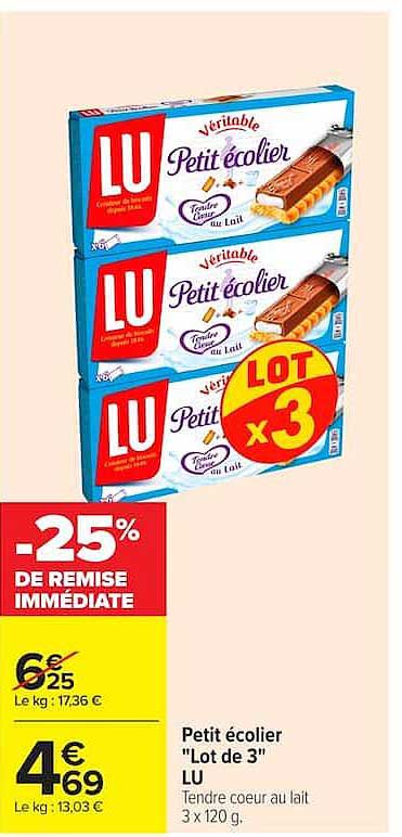 Petit écolier "Lot de 3" LU Tendre cœur au lait 3 x 120 g.