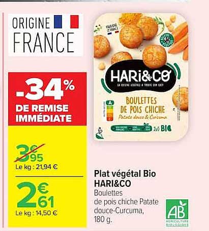 Plat végétal Bio HARI&CO Boulettes de pois chiche Patate douce-Curcuma, 180 g.