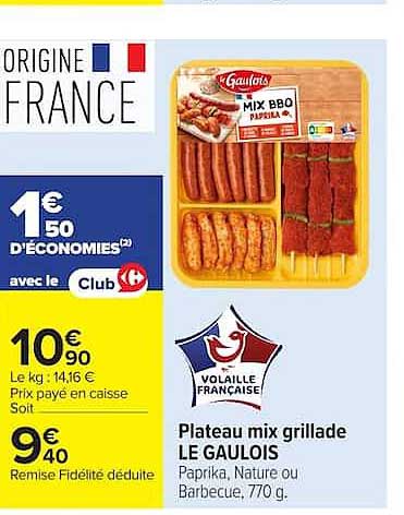 Plateau mix grillade LE GAULOIS Paprika, Nature ou Barbecue, 770 g.