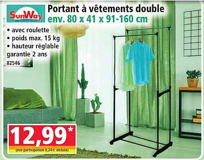 Portant à vêtements double env. 80 x 41 x 91-160 cm