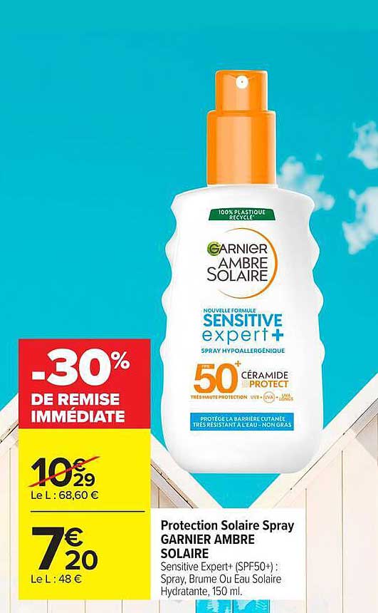 Protection Solaire Spray GARNIER AMBRE SOLAIRE Sensitive Expert (SPF50+) : Spray, Brume Ou Eau Solaire Hydratante, 150 ml