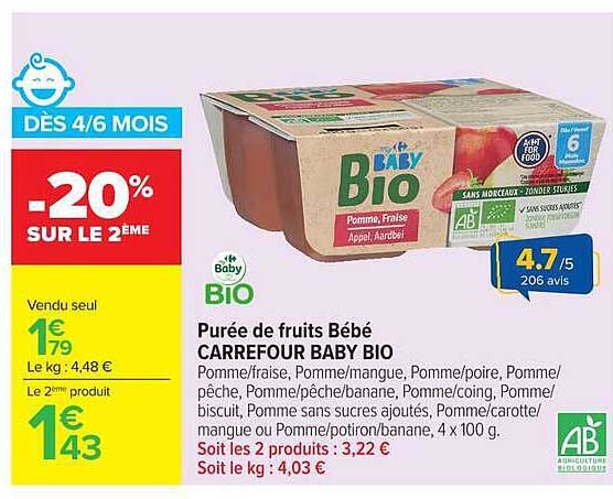 Purée de fruits Bébé CARREFOUR BABY BIO
