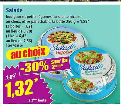 Salade boulgour et petits légumes ou salade niçoise au choix, offre panachable, la boîte 250 g