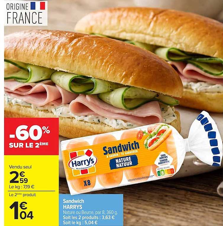 Sandwich HARRYS Nature ou Beurre, par 8, 360 g
