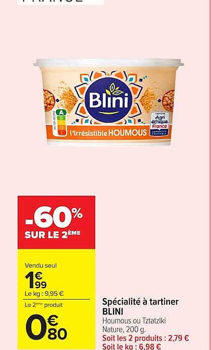 Spécialité à tartiner BLINI Houmous ou Tzatziki Nature, 200 g
