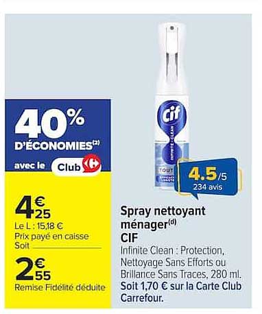 Spray nettoyant ménager CIF Infinite Clean : Protection, Nettoyage Sans Efforts ou Brillance Sans Traces, 280 ml.