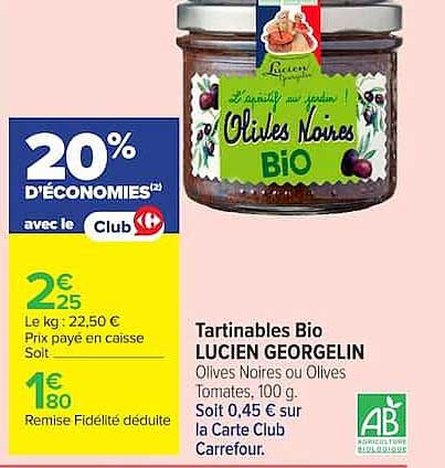 Tartinables Bio LUCIEN GEORGELIN Olives Noires ou Olives Tomates, 100 g.