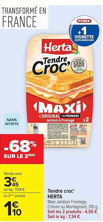 Tendre croc' HERTA Maxi Jambon Fromage, Chèvre ou Montagnard, 310 g