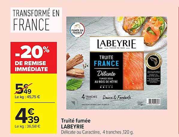 Truite fumée LABEYRIE Délicate ou Caractère, 4 tranches, 120 g