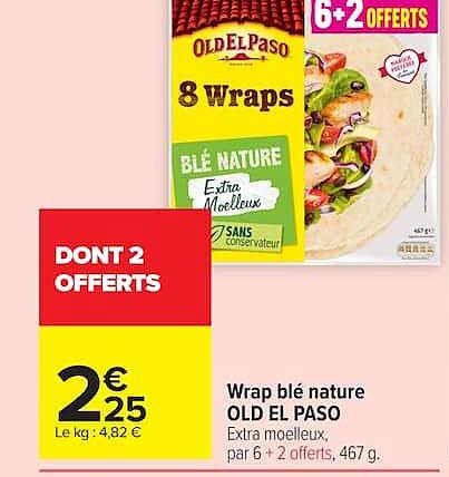 Wrap blé nature OLD EL PASO Extra moelleux, par 6 + 2 offerts, 467 g.