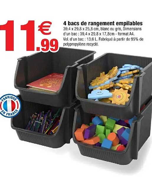 4 bacs de rangement empilables