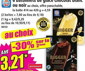 6 bâtonnets de glace chocolat blanc ou noir au choix, offre panachable, la boîte 414 ou 420 g