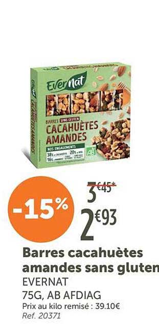 Barres cacahuètes amandes sans gluten EVERNAT 75G, AB AFDIAG