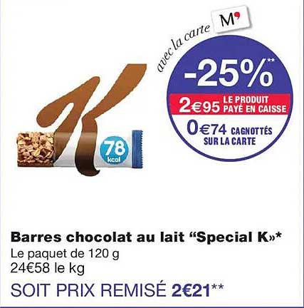 Barres chocolat au lait “Special K”*