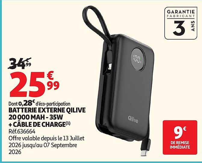 BATTERIE EXTERNE QILIVE 20 000 MAH - 35W + CÂBLE DE CHARGE