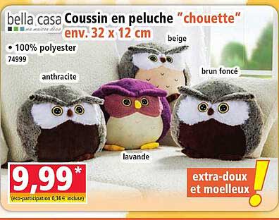 bella casa Coussin en peluche “chouette” env. 32 x 12 cm