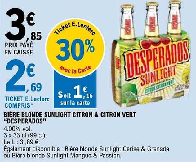 BIERE BLONDE SUNLIGHT CITRON & CITRON VERT “DESPERADOS”