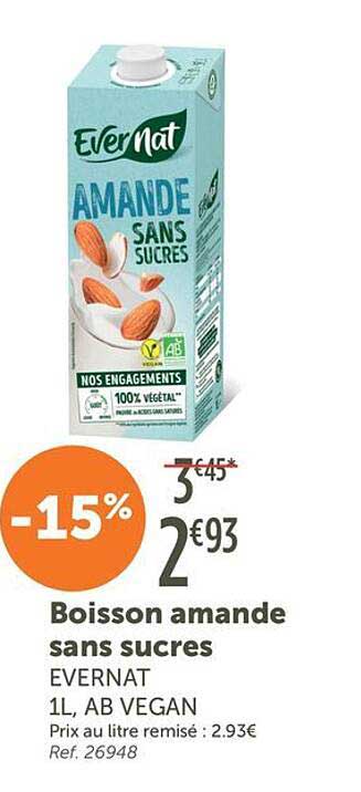 Boisson amande sans sucres EVERNAT 1L, AB VEGAN