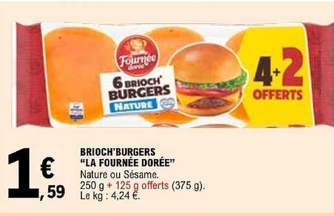 BRIOCH'BURGERS "LA FOURNÉE DORÉE" Nature ou Sésame. 250 g + 125 g offerts (375 g). Le kg : 4,24 €.