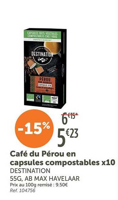Café du Pérou en capsules compostables x10 DESTINATION 55G, AB MAX HAVELAAR