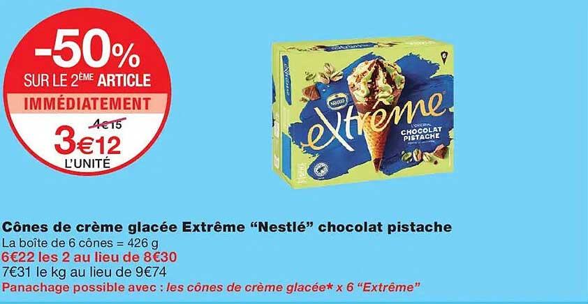 Cônes de crème glacée Extrême “Nestlé” chocolat pistache