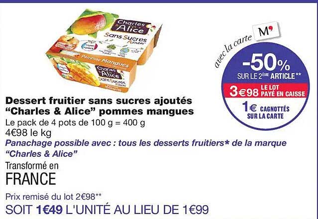 Dessert fruitier sans sucres ajoutés “Charles & Alice” pommes mangues
