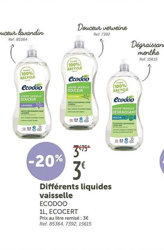 Différents liquides vaisselle ECODOO 1L, ECOCERT