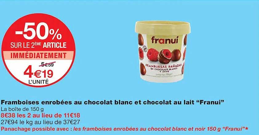 Framboises enrobées au chocolat blanc et chocolat au lait “Franuì”