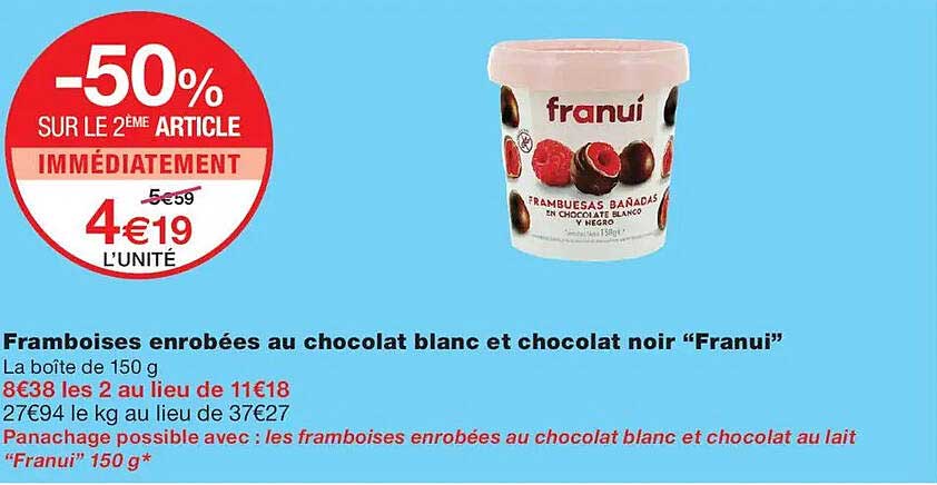 Framboises enrobées au chocolat blanc et chocolat noir “Franui”