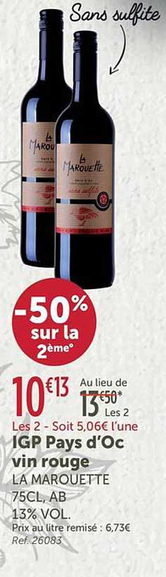 IGP Pays d'Oc vin rouge LA MAROUETTE 75CL, AB 13% VOL.
