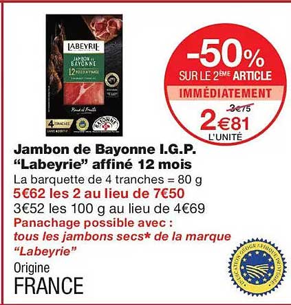 Jambon de Bayonne I.G.P. “Labeyrie” affiné 12 mois