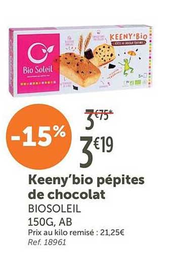 Keeny'bio pépites de chocolat BIOSOLEIL 150G, AB