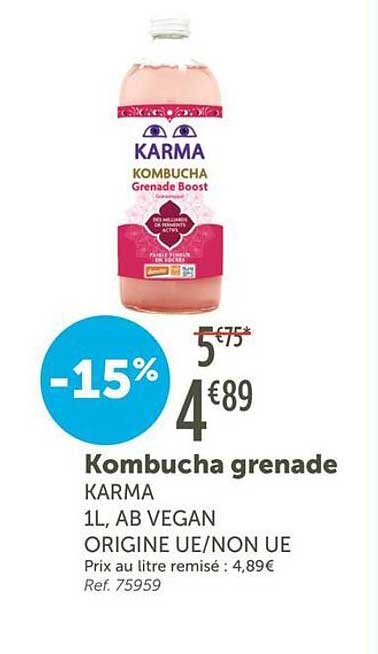 Kombucha grenade KARMA 1L, AB VEGAN ORIGINE UE/NON UE