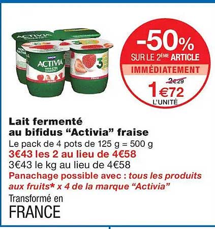 Lait fermenté au bifidus “Activia” fraise