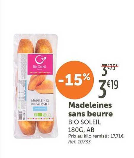 Madeleines sans beurre BIO SOLEIL 180G, AB