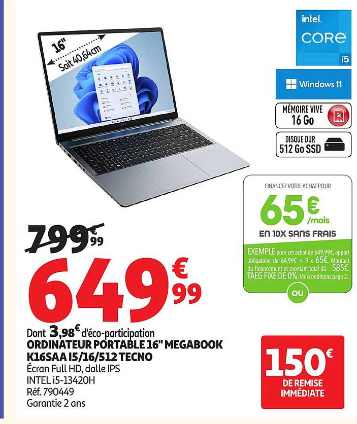 ORDINATEUR PORTABLE 16" MEGABOOK K16SAA I5/16/512 TECNO