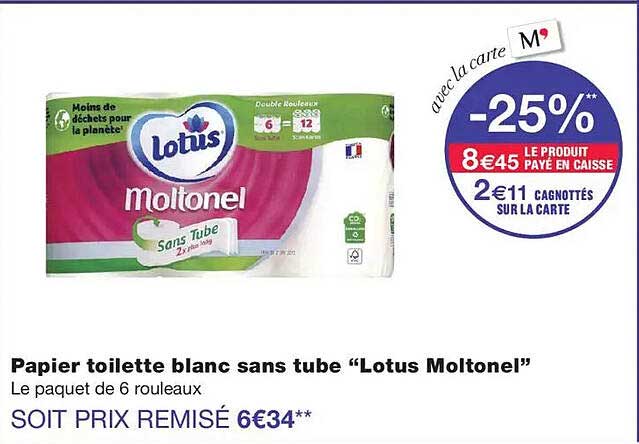 Papier toilette blanc sans tube “Lotus Moltonel”