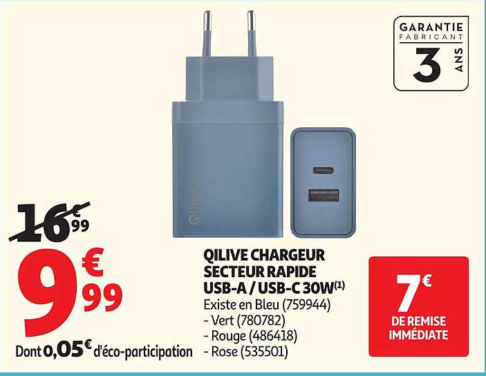 QILIVE CHARGEUR SECTEUR RAPIDE USB-A / USB-C 30W(1)