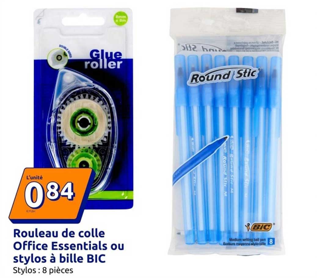 Rouleau de colle Office Essentials ou stylos à bille BIC