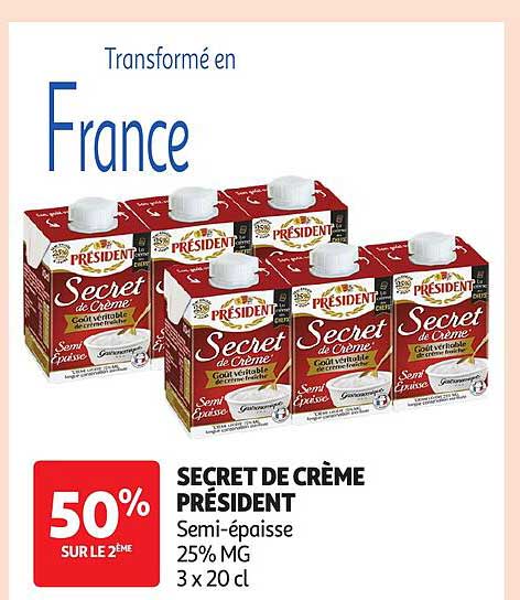 SECRET DE CRÈME PRÉSIDENT Semi-épaisse 25% MG 3 x 20 cl