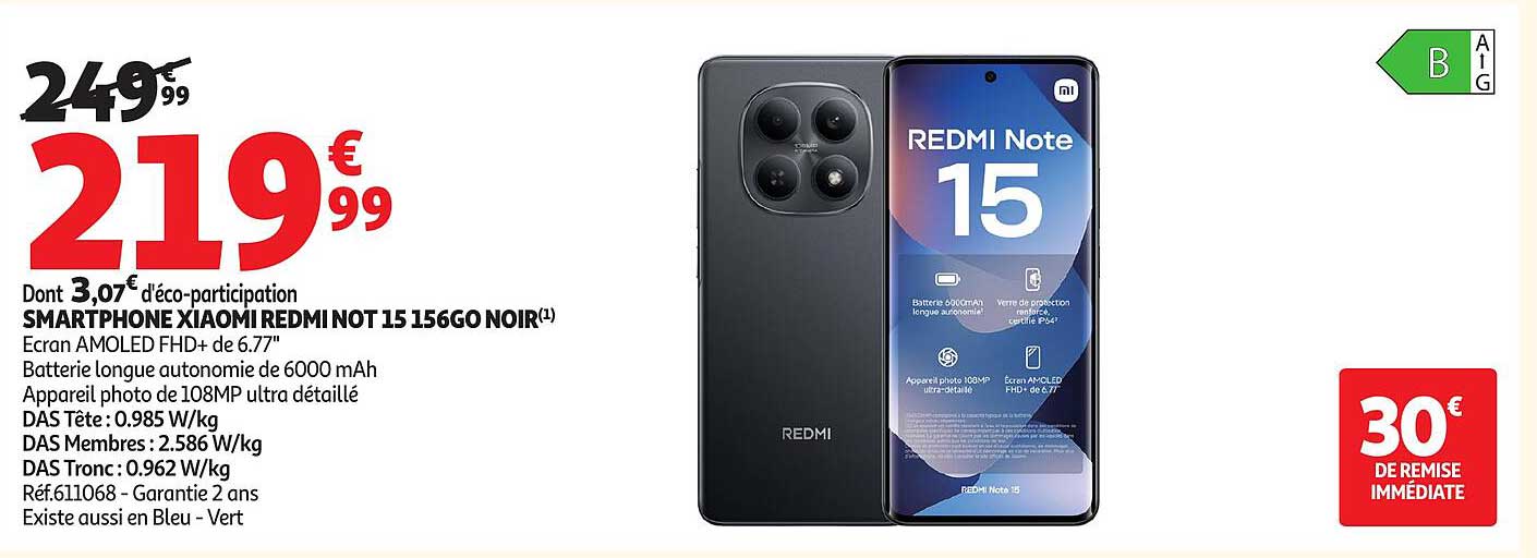 SMARTPHONE XIAOMI REDMI NOTE 15 256GO NOIR