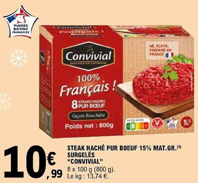 STEAK HACHÉ PUR BOEUF 15% MAT.GR. SURGELÉS "CONVIVIAL"