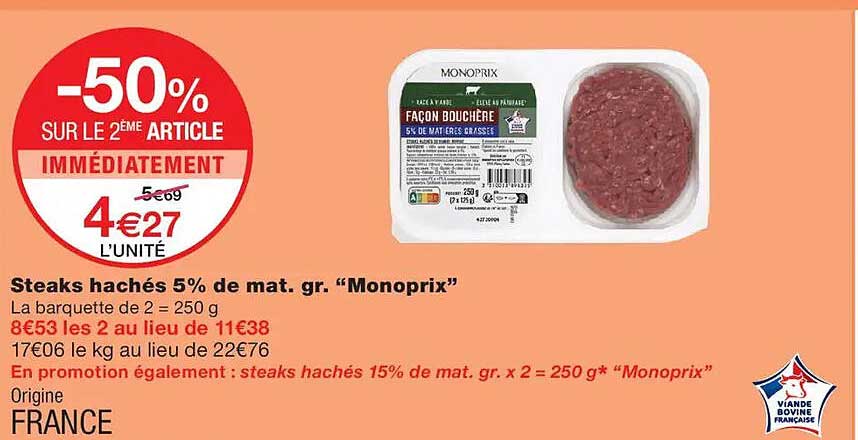 Steaks hachés 5% de mat. gr. “Monoprix”