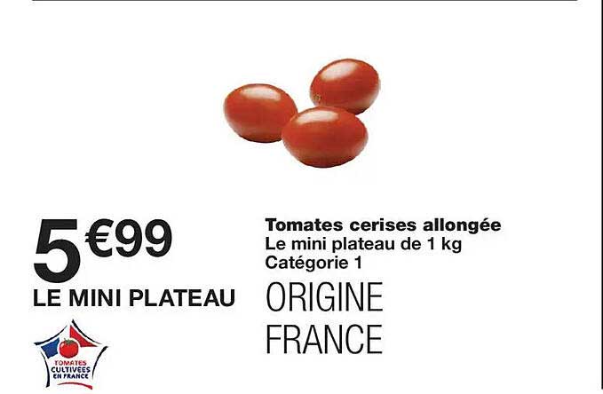 Tomates cerises allongée Le mini plateau de 1 kg Catégorie 1 ORIGINE FRANCE