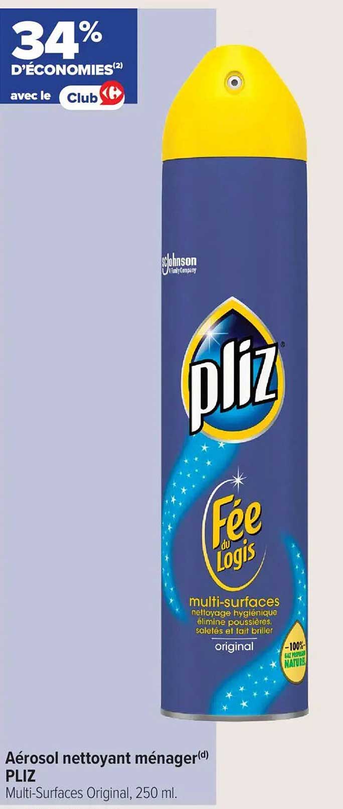 Aérosol nettoyant ménager(d) PLIZ Multi-Surfaces Original, 250 ml.